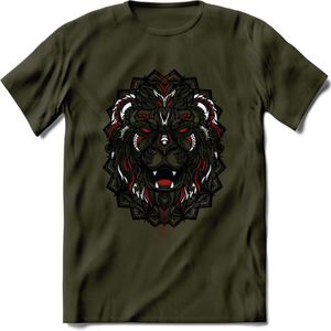 Leeuw - Dieren Mandala T-Shirt | Rood | Grappig Verjaardag Zentangle Dierenkop Cadeau Shirt | Dames - Heren - Unisex | Wildlife Tshirt Kleding Kado | - Leger Groen - M