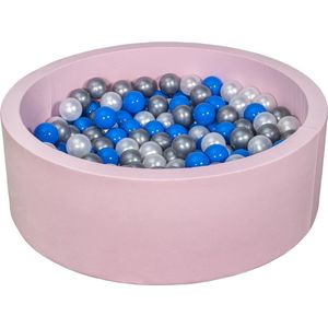 Ballenbad rond - roze - 90x30 cm - met 200 parelmoer, blauw en zilveren ballen