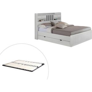 Vente-unique Bed met opbergruimte - 140 x 190 cm - Dennenhout - Wit + Bedbodem - MEDERICK L 211.2 cm x H 115.6 cm x D 148 cm