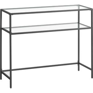 Zwarte Consoletafel Met 2 Hardglas Planken, Metalen Frame En Verstelbare Poten - Perfect Voor Woonkamer En Hal