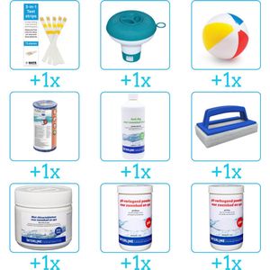 Alles-in-1 Zwembad Onderhoudspakket - bevat Chloor - PH-min - PH-plus - Filter - Anti Alg - Scrubborstel - Testrips - Chloordrijver en Strandbal (9-delig)