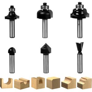 Nieuwe titel: 8 mm schacht 6-delige rondfrees set met bovenlager - Flush trim, patroon, sjabloon, afschuining, randvormend, ronde kantenfrees met hardmetalen punt