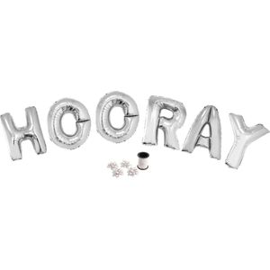 Folie ballonset zilver met letters HOORAY 102 cm + geschenklint 10m met 4 witte strikken