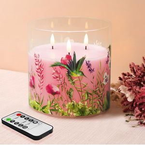 3 Wick Roze Kolibrie Glas Vlamloze LEIDENE Pijler Kaarsen met Verre - Grote Trillende Batterijkaarsen Φ 6"" H 6