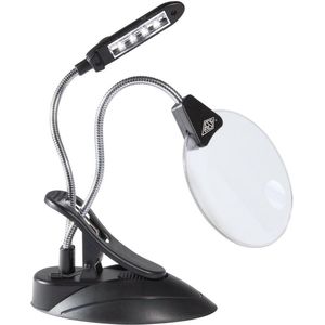 Table Magnifier with LED Lamp - Plastic Lens - Diameter 10.2 cm - 2-Way / 4-Way Magnification - 4 x Light - Flexible Neck Clamp - Black Vergrootglas met Verlichting