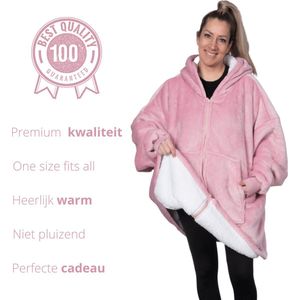 Q-Living Hoodie Deken - Extra Lang & Dik - Snuggie - Plaid Met Mouwen - Snuggle Hoodie - Fleece Deken Met Mouwen - 1450 gram - Lotus Roze Met Rits