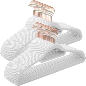 Velvet jas hangers, pak van 50 kledinghangers, niet-slip kledinghangers, met tie-staaf en 360 ° roterende haak, ruimtebesparende 0,5 cm dik, 43,5 cm lang voor een broek, roségoud en wit