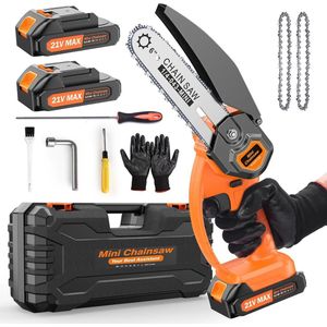 Kettingzaag - 21V - Mini Kettingzaag - Snoeizaag - Takkenzaag - Handzaag - Draagbaar - Inc. Draagtas - 2x Lithium-ion Accu - Oplader - Koffer - Brushless - voor Tuinieren - 1580W - Oranje