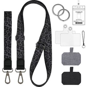 2-Delig Verstelbaar Nek & Pols Lanyards met Badgehouder - Universeel Telefoonkoord - Keycord Sleutelhanger - Leer Telefoonketting - Telefoon Ketting - GSM Koord - Sleutelkoord - Keykoord met ID Pashouder - Nekkoord voor Sleutels - Zwart