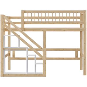 Gotagee Hoogslaper 140x200cm, trap met opbergkast, hoge leuning, kinderbed, jeugdbed, houten bedframe,Houtkleur