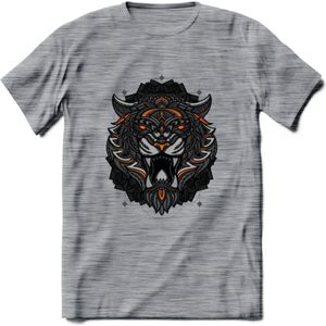 Tijger - Dieren Mandala T-Shirt | Oranje | Grappig Verjaardag Zentangle Dierenkop Cadeau Shirt | Dames - Heren - Unisex | Wildlife Tshirt Kleding Kado | - Donker Grijs - Gemaleerd - 3XL