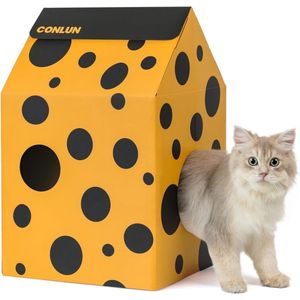 Kattenhuis van karton met krabplanken, kat en kattenkruid, eenvoudig te monteren krabmeubel voor verschillende wooncultuur, krabplank, kattenmand voor indoor-katten en kleine dieren voor