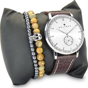 Kaliber 7KA SET008 Horloge Set met Armbanden - Leren Band - Ø 40 mm - Bruin / Zilverkleurig