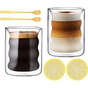 Set van 2 Latte Macchiato Glazen, Dubbelwandige Koffieglazen, 200 ml, Espresso Glazen met Lepel en Onderzetter, Thermische Koffieglazen, Spiraal Cappuccino Kopjes, Sapglazen, Glazen Beker