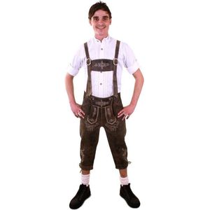 Boeren Tirol & Oktoberfest Kostuum | Lederhose Bruin Deluxe Driekwart Met Bruine Borduursels Man | Maat 60 | Bierfeest | Verkleedkleding