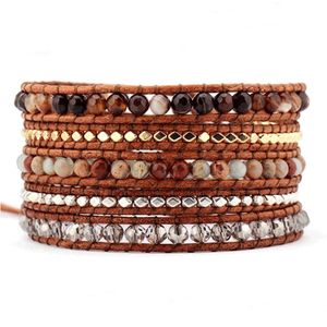 Marama - wikkelarmband Onyx Gold - bruin leer - edelsteen Onyx - 83 cm. - 3 sluitingen - cadeautje voor hem
