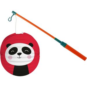 Bol lampion pandabeer - rood - 22 cm - papier - met lampionstokje - 40 cm