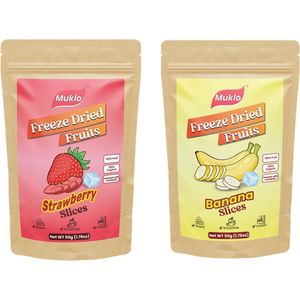 Muklo Mixpakket Freeze Dried Fruits Slices (Banaan, Aardbei) 2x50Gr - Gezonde Snack - Zonder toevoegingen- 100% fruit