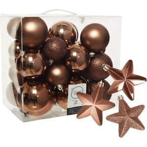 Decoris Kerstballen en sterren ornamenten - set 32x stuks - kunststof - walnoot bruin