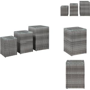 vidaXL Salontafel - Salontafels - Salon Tafel - Salon Tafels - 3-delige Bijzettafelset met glazen blad poly rattan grijs
