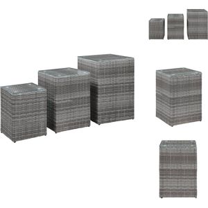 vidaXL bijzettafels - poly rattan/glas/metaal - grijs - 40x40x62cm/35x35x52cm/30x30x42cm - Tafel