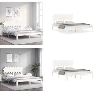 vidaXL Bedframe met hoofdbord massief hout wit 160x200 cm - Bedframe - Bedframes - Bed - Tweepersoonsbed