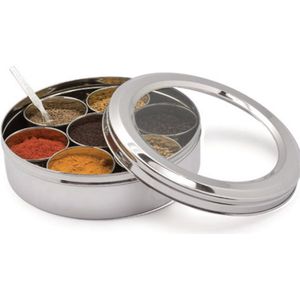 Masala Dabba - Indiaase Kruidenbox - Indian spicebox - stainless steel - roestvrij staal - 21x8cm