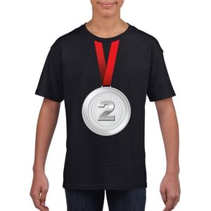 Zilveren medaille kampioen shirt zwart jongens en meisjes - Winnaar shirt Nr 2 kinderen 146/152