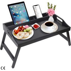 Opvouwbare Bamboe Bed Lade Tafel met Handgrepen en Media Sleuf - Multifunctionele Ontbijt- en Serveerschotel Lade - Ideaal voor Laptop, Snacks, TV, en meer - Stijlvol Zwart Ontwerp
