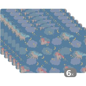 Placemat - Placemats kunststof - 45x30 cm - Unicorn - Patronen - Sterrenhemel - 6 stuks - Borden onderleggers antislip - Tafel decoratie - Luxe tafelversiering - Tafelmat vinyl - Bord onderlegger - Tafeldecoratie accessoires