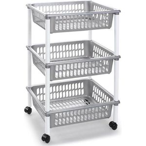 Opberg trolley/roltafel/organizer met 3 manden 40 x 30 x 61,5 cm zilver/wit - Etagewagentje/karretje met opbergkratten