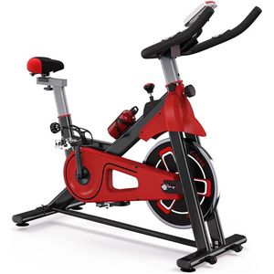 Hometrainer – Fitness Fiets – Spinfiets - Indoor – Verstelbaar Zadel & Stuur – Met LCD Display – 120 kg Draagvermogen – Stille Aandrijving – Fietstrainer – Weerstandsregeling – Pulssensor – iPad Houder – Rood-Zwart – Voor Thuisgebruik