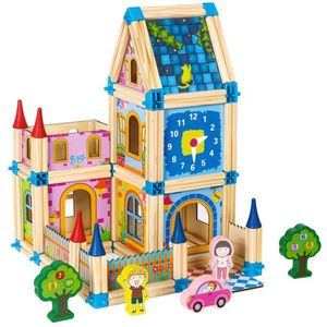 Ecotoys 128-delige houten constructie blokken voor het bouwen van een 6 in 1 toren - Montessori speelgoed - Houten speelgoed - Vanaf 36 maanden