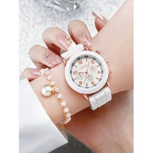 Horloge voor dames - geschenk - cadeau set met horloge -Witte Horloge - armband - cadeautje voor haar - Witte-Roze- Kerst cadeau & Sinterklaas cadeau