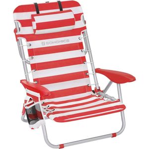 Strandstoel campingstoel vouwstoel voor buiten met verstelbare rugleuning en armleuningen - Rood-wit met schouderriemen