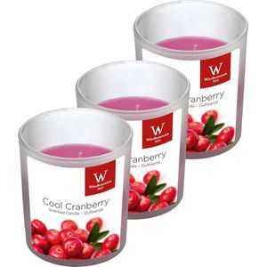 3x Geurkaarsen cranberry in glazen houder 25 branduren - Geurkaarsen cranberrygeur/veenbessengeur - Woondecoraties