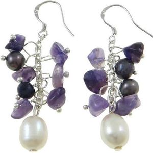 Zoetwater parel oorbellen met edelsteen Pearl Ami - oorhangers - echte parels - sterling zilver (925) - amethist - wit - paars