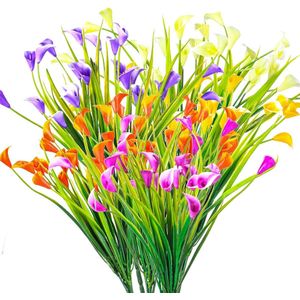 6 stuks kunstbloemen, kunststof UV-bestendige zijden bloemen, nep kunstplanten Calla lelie binnen en buiten struiken opknoping plantenbak huis tuin decoratie (vijf kleuren)