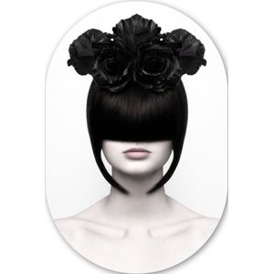Portret - Vrouw - Rozen - Abstract - Zwart wit Kunststof plaat (3mm dik) - Ovale spiegel vorm op kunststof