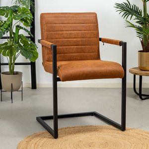 Bronx71® Eetkamerstoel cognac Block - Eetkamerstoelen met armleuningen - Industrieel - Eco leer stoel - Waterafstotend - Eetkamerstoel bruin - Eetkamerstoel met armleuning