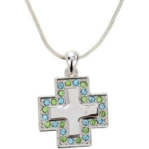 Behave Zilver-kleurige ketting met kruis met groen en blauwe steentjes