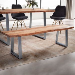 Massieve eetkamerbank - modern design - zitting met boomrand - acaciahout - trapeziumvormige metalen poten - 140 cm x 40 cm x 45,5 cm