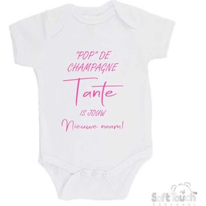 100% katoenen Romper """"Pop"" de champagne Tante is jouw nieuwe naam!"" Meisjes Katoen Wit/roze Maat 68/74