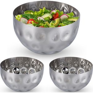 Relaxdays 3x saladeschaal zilver - saladekom rvs - 1 liter - serveerkom - metalen schaal