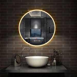 LED spiegel ROND 70cm met digitale klok,3 lichts kleur warm/Neutraal/koud wit dimbaar touch anti-condens badkamerspiegel decoratieve wandspiegel 2700K-6500K