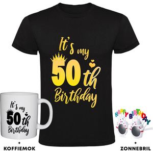 50 jaar Heren T-shirt + Koffiemok + Happy birthday bril - verjaardag - cadeau - feest