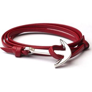 Zilverkleurige anker armband rood leren koord