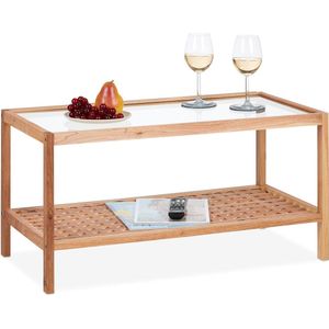 Relaxdays salontafel hout - koffietafel met glazen blad - opbergruimte - lage bijzettafel