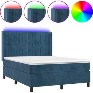 vidaXL - Boxspring - met - matras - en - LED - fluweel - donkerblauw - 140x200 - cm