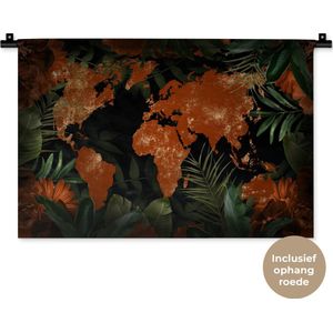 Wandkleed WereldkaartenKerst illustraties - Bruinoranje wereldkaart omlijst met tropische bladeren en oranje bloemen Wandkleed katoen 60x40 cm - Wandtapijt met foto